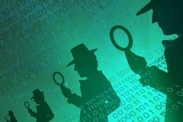 Virtual digits abstract 3d illustration, shadow figures with magnifying glass oversight, horizontal